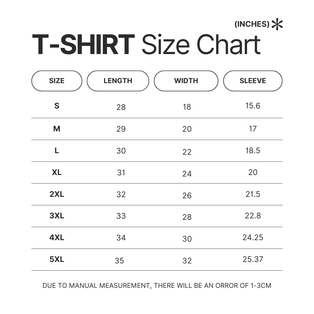 T shirt Size Chart - Tanya The Evil Store